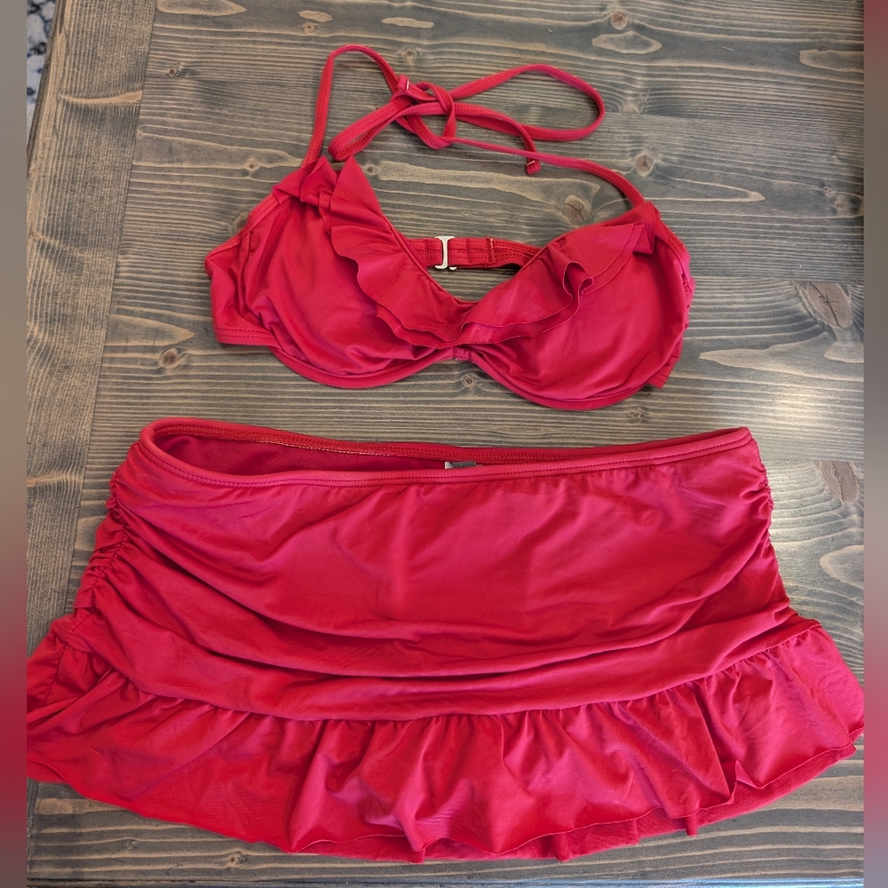 Medium Kenneth Cole Reaction Red Ruffle Skirt Halter Bikini Set